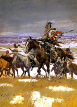 Indios americanos Painting - Crow scouts en invierno de 1907 Charles Marion Russell Indios Americanos